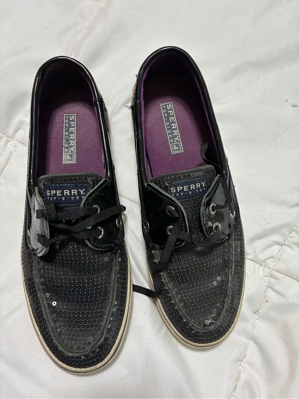 Sperry Black Sequin Boat Shoes with Purple Insole